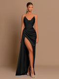 2025 new arrival: elegant & sexy slim-fit deep v satin slip dress with cinched waist, slit, and sheer straps