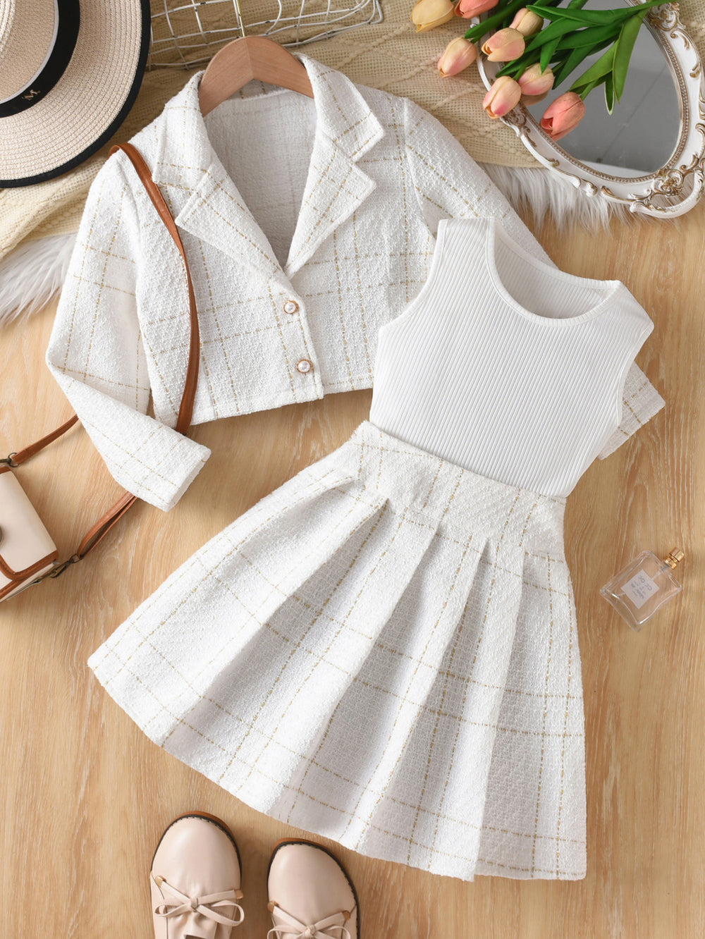 Exportgirl small fragrant white three-piece set grids pattern lapel short outwear vest tops skirt kidssuit