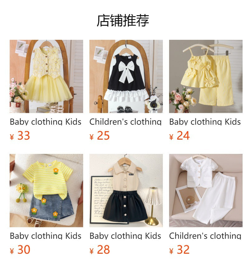 Children's clothing cross-border european and american girls white sleeveless vest + blue shorts two-piece set