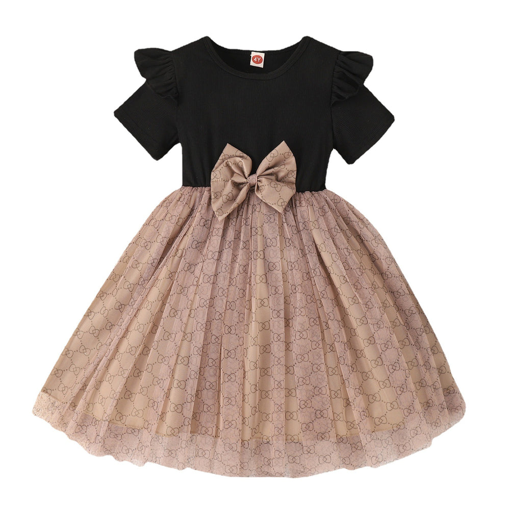 European and american style breathable short-sleeve english print bowknot mesh skirt girls' dress - children's clothing for toddlers and young children