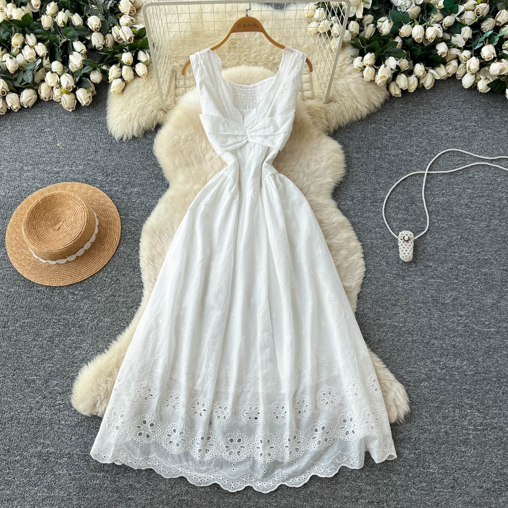 French red cut out sleeveless silmdress women's summer pure desire style high waist slimming lookelegant vacation style a-line skirt