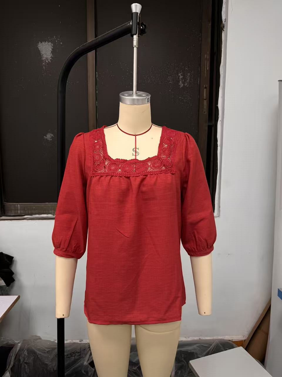 new cross-border  summer solid color casual square neck lace trimmed three-quarter sleeve cotton linen short-sleeve top for women