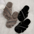 Plus sizenew arrival cross-top fur slippers for women home indoor and outdoor flats rhinestone flip-flops wooden floor cotton slippers