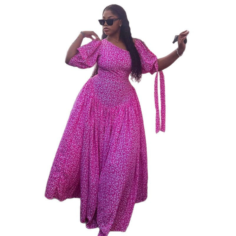 European and american cross-border women's clothing:  summer new arrival - fresh, sweet, asymmetrical neck tie-up slimming floral maxi dress