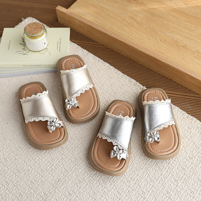 Insfrench rhinestone slippers summernew arrivalk-style girl shoes lace toe princess shoes beach sandals