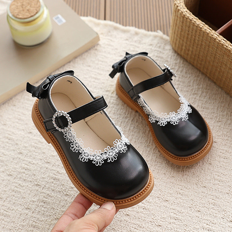 Girls' mary jane leather shoes - new spring/autumn collection, soft sole princess shoes for babies, lace trimmed, vintage-style, versatile single shoes for toddlers