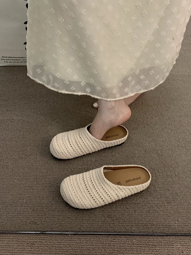 Breathable frenchniche style hand-woven cut out toe-cap half-slippers for women summeroutwear roman style thick sole mule shoes