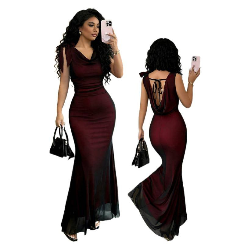 Women's summer new fashion elegant mesh cowl neck backless asymmetrical bow tie waist long dress