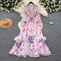 French riviera floral print flared sleeve dress - women's long sleeve tie-waist a-line maxi dress - elegant & chic