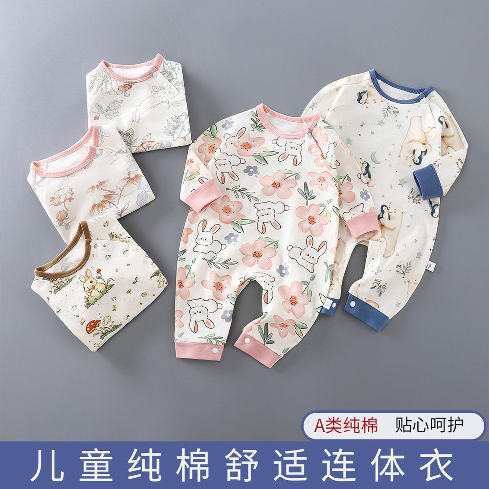 Baby pure cotton onesie baby 180g boneless romper thin cotton thickened partial placket romper kids pullover onesie