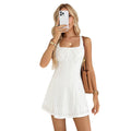 European and american style korean fashion white hollow-out crochet square neck bow sleeveless cinched waist slimming a-line dress