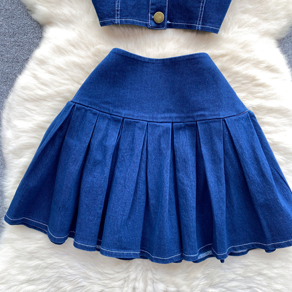 Chic hong kong retro hot girl style suit short camisole easiest for match mini skirt denim two-piece set trendy