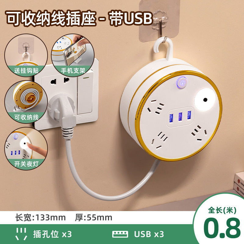 Retractable power strip with usb ports, cord management panel, multi-outlet socket, and built-in cable – ideal for home, dorm, and office use