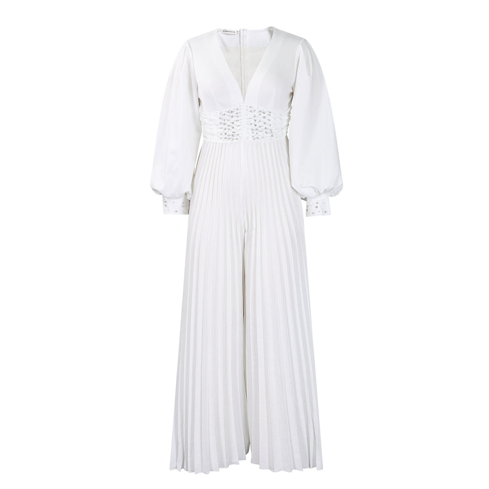 C8603 european and american plus size women's clothing  autumn/winter new long sleeve beaded sexy wide leg pleated african jumpsuit
