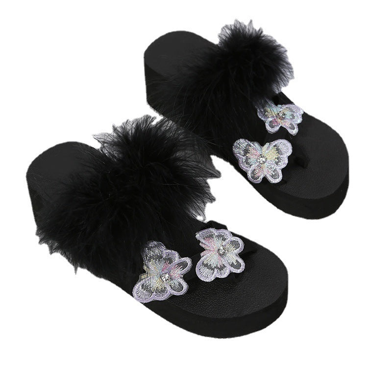 Toe-toe sandals for women 2024summernew arrival round toe real hair butterfly wedge sandals outwear rhinestone plaid flip-flops