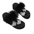 Toe-toe sandals for women 2024summernew arrival round toe real hair butterfly wedge sandals outwear rhinestone plaid flip-flops