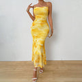 european and american  sexy bodycon camisole bandeau maxi dress - floral grey print high-waisted bodycon dress