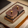 Two-compartment [transparent hammered] glass bowl + walnut tray + lid