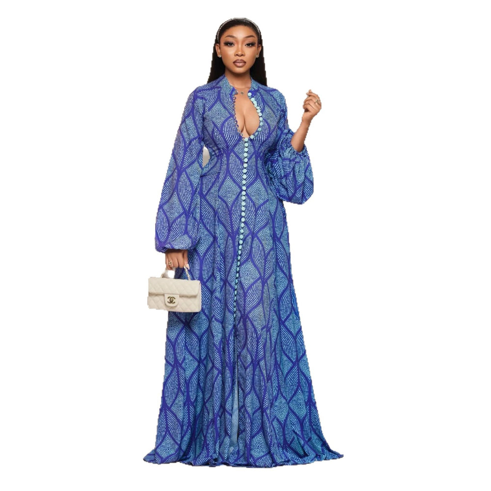 European and american cross-border women's clothing:  summer new arrival - elegant, slim-fit, printed maxi dress with button detail