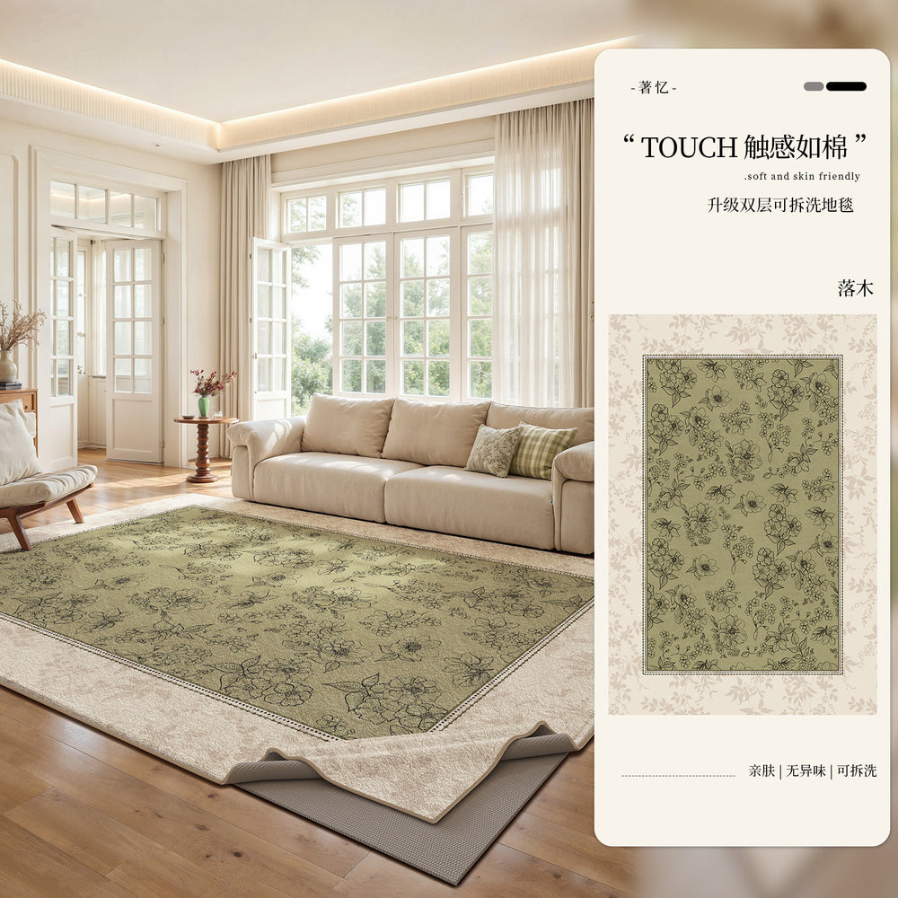 Removable and washable carpet for living room and bedroom, green retro medieval style, machine washable, double layer classy soundproof floor mat for home use