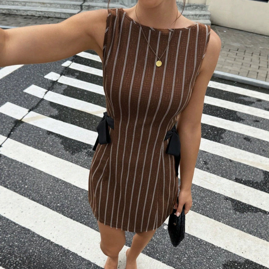 Amazon  summer cross-border fashion: sleeveless brown slim-fit striped summer dress for european and american women