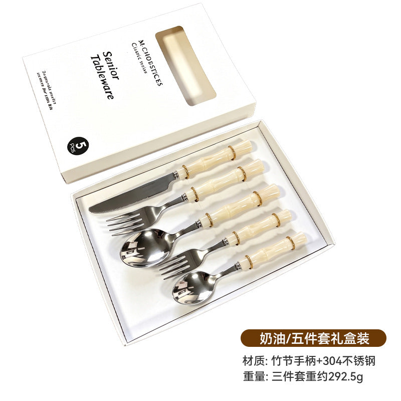 Bamboo handle stainless steel fork spoon tableware suit creative acrylic bamboo handle western food knife fork spoon dessert spoon