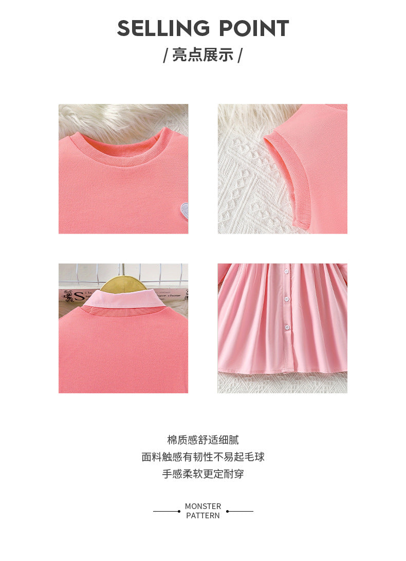 girls' spring pink vest knit top with heart embroidery - preppy two-piece set