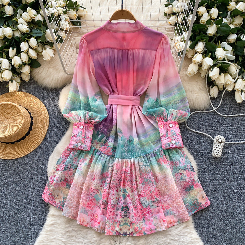 spring new women's dress - european & american style elegant stand collar lantern sleeve cinched waist printed ruffle hem mini dress