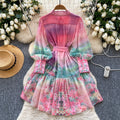 spring new women's dress - european & american style elegant stand collar lantern sleeve cinched waist printed ruffle hem mini dress