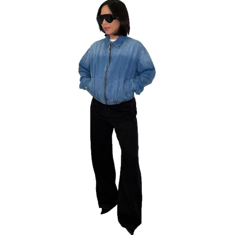 European and american style women's casual denim jacket - new  foreign trade women's washed long sleeve zip-up outerwear