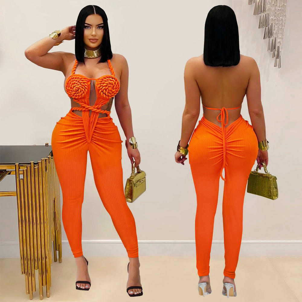 C7489 cross-border   fashion women's casual sexy halter backless solid color jumpsuit