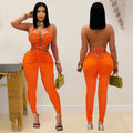 C7489 cross-border   fashion women's casual sexy halter backless solid color jumpsuit