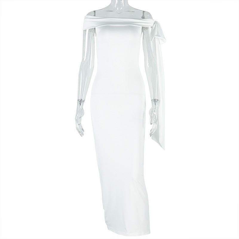 European and american style slim-fit elegant one-shoulder bandeau tie-up dress - fashionable solid color women's party gown