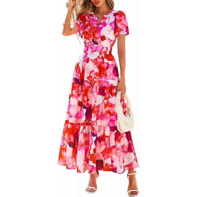 european and american retro floral short-sleeve v-neck dress - women's  summer new arrival a-line flowy vacation dress