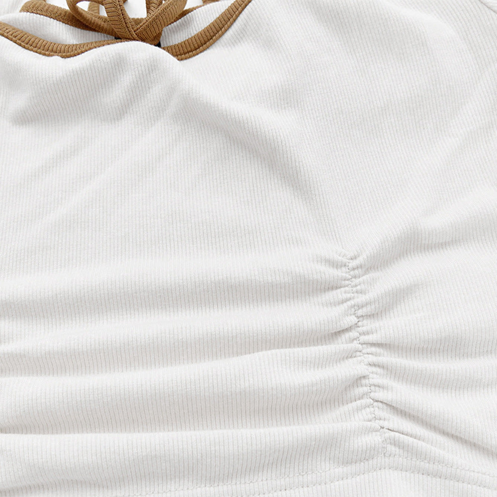 European and American  women's clothing square collar T-shirt winter new backless design pullover solid color super short top women