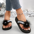 2024 summer casual rhinestone flip-flops women's turkey feather flat sandals real fur elegant lazy beach slippers trendy