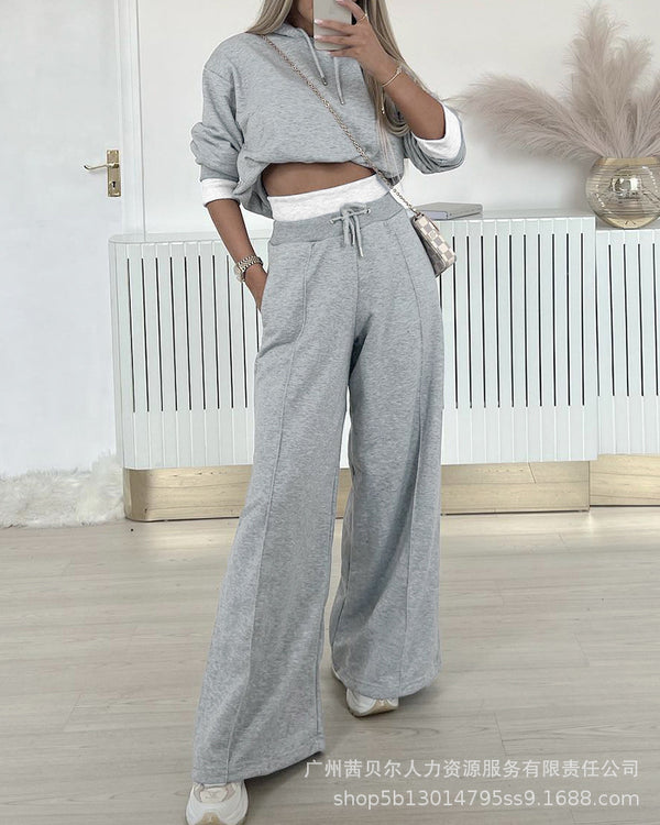LZR17420 Series 2023 Grey Fake Two-piece Casual Hood Sweater Wide Leg Pants Set (2-piece set)