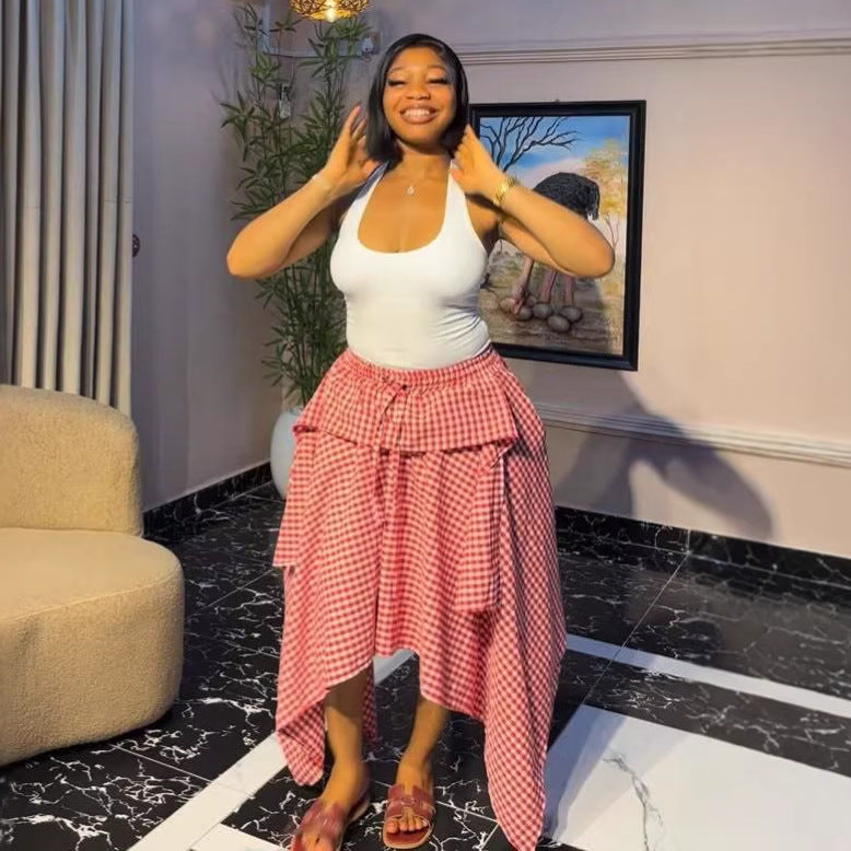 European and american cross-border women's fashion:  summer new arrival - high-waisted, slimming, tie-up, plaid, petite-friendly, asymmetrical midi skirt