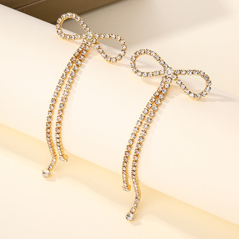 Wholesale new arrival cross-border bowknot rhinestone jewelry exaggerated fashion tassel light luxury earrings alloy stud earrings for women