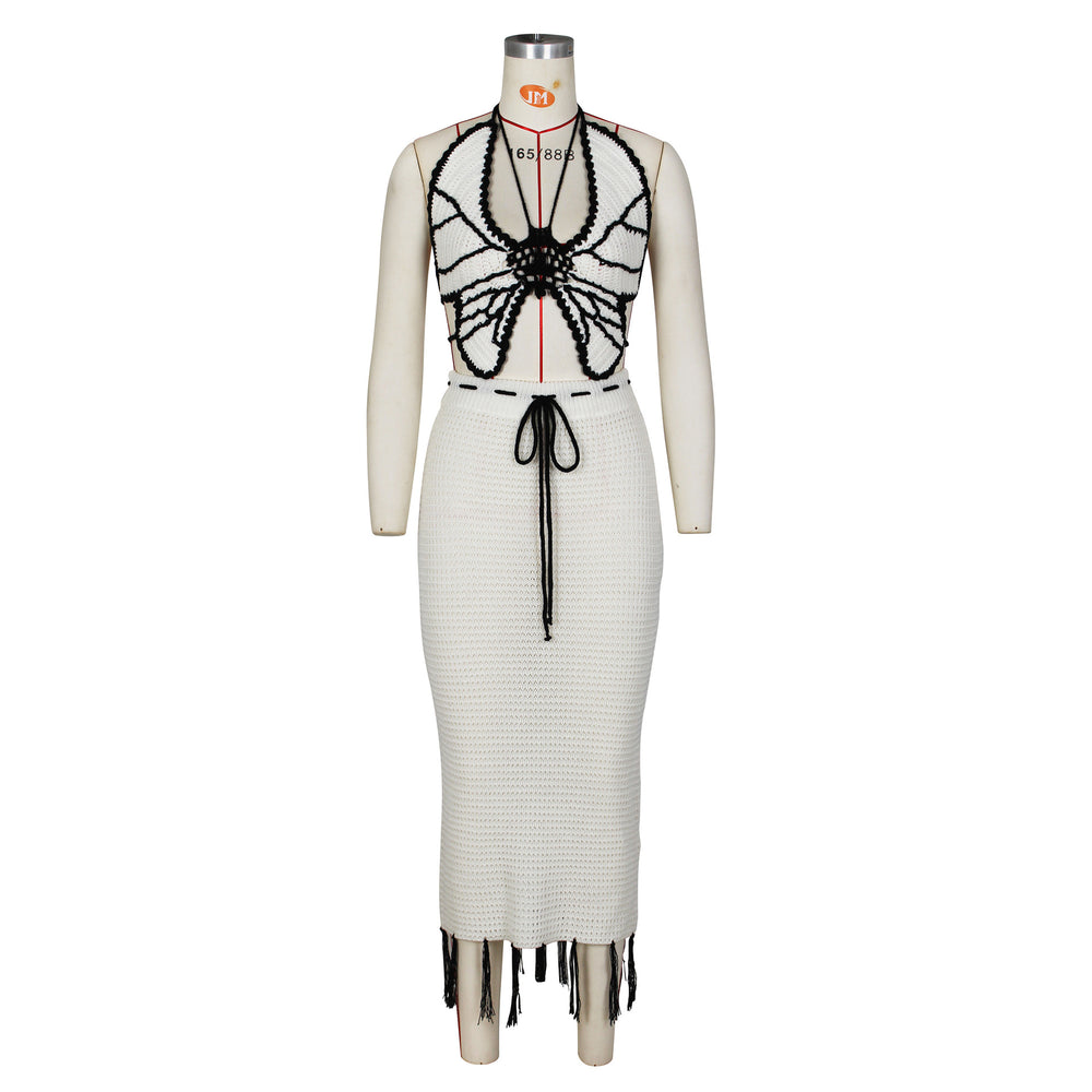 source factory fashionsexy women's hand-crocheted butterfly topsknitting tassel skirt fashionsuit