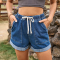 Fashion cross-border foreign trade independent station  new style lace elastic waist casual rolled hem denim shorts for women