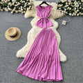 Light mature style strappy waist round neck sleeveless tops + high waistslimming look large swing pleated skirt frenchtwo-piece set