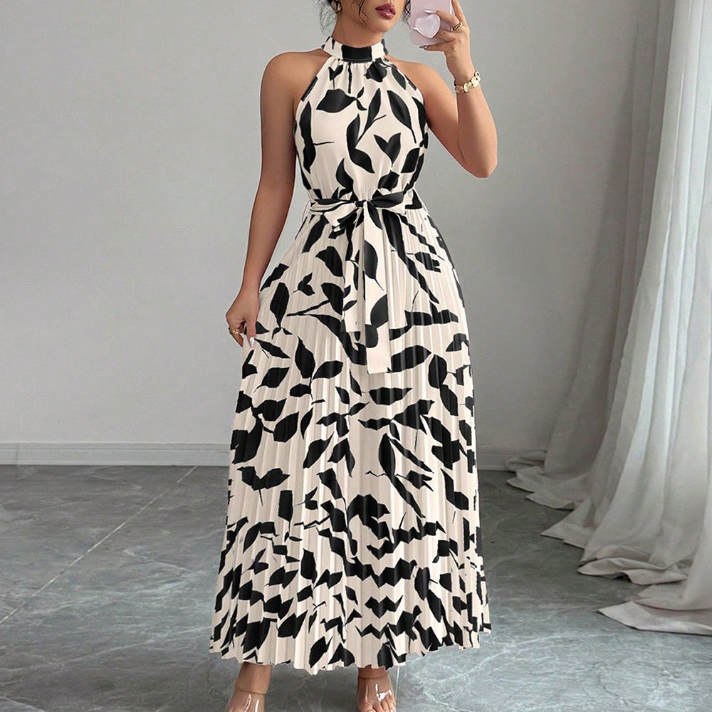 European and american cross-border women's summer  elegant halter neck tie waist floral print pleated maxi swing dress