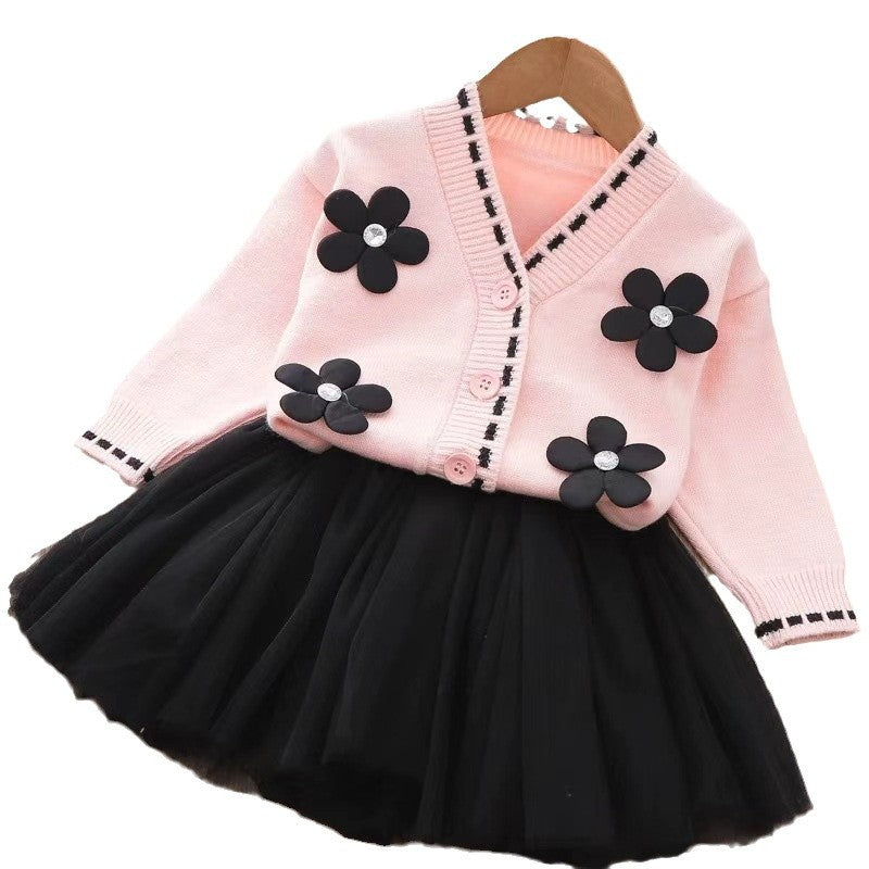hot-selling children's sweater dress two-piece set, kids' clothing set, knitted cardigan with mesh skirt, direct from the manufacturer