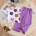 summer girls' colorful floral print short-sleeve outfit - ribbed knit ruffle hem pants, breathable & mosquito-proof two-piece trendy set