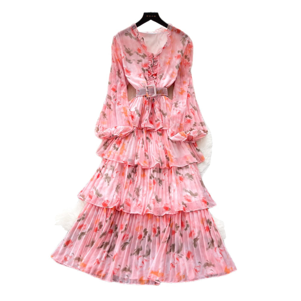French romantic style printed long sleeve dress - women's spring slimming ruffle pleated tiered cake dress - elegant