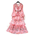 French romantic style printed long sleeve dress - women's spring slimming ruffle pleated tiered cake dress - elegant