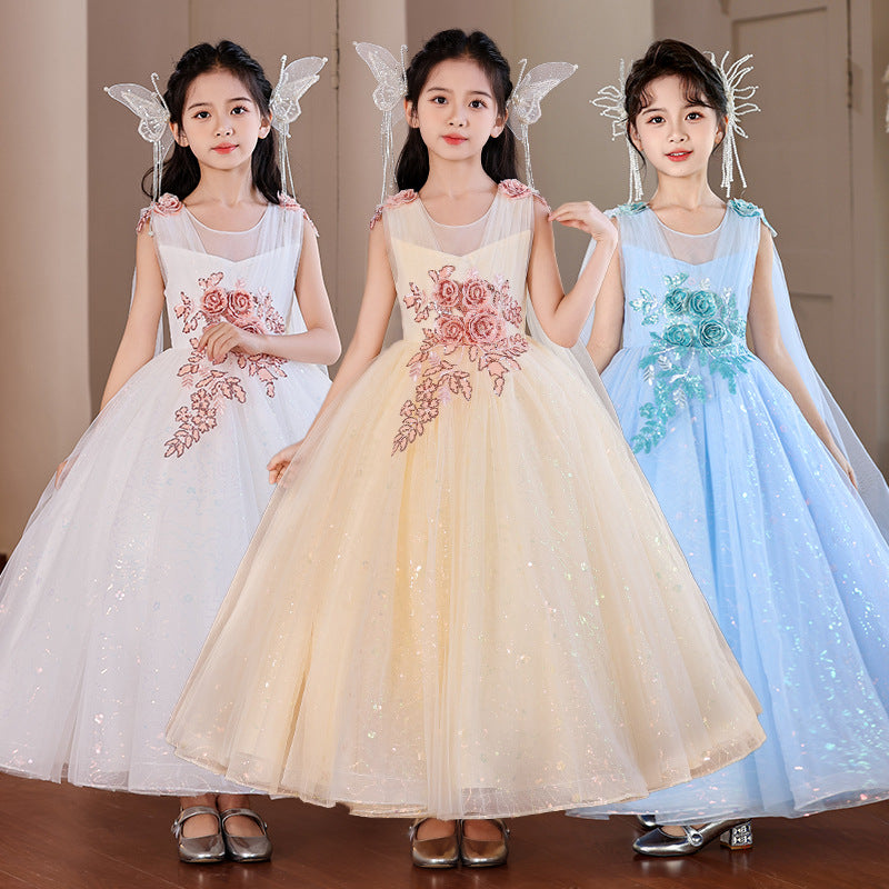 Girls' high-end formal dress  new arrival: shawl and ribbon detail, european and american style, perfect for piano recitals, banquets, and evening events. in stock for cross-border e-commerce