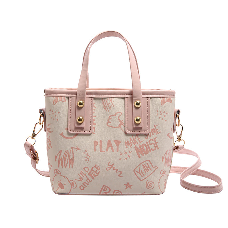 Cute cartoon printed bucket bag women 2025 new messenger bag women ins personality graffiti shoulder bucket bag