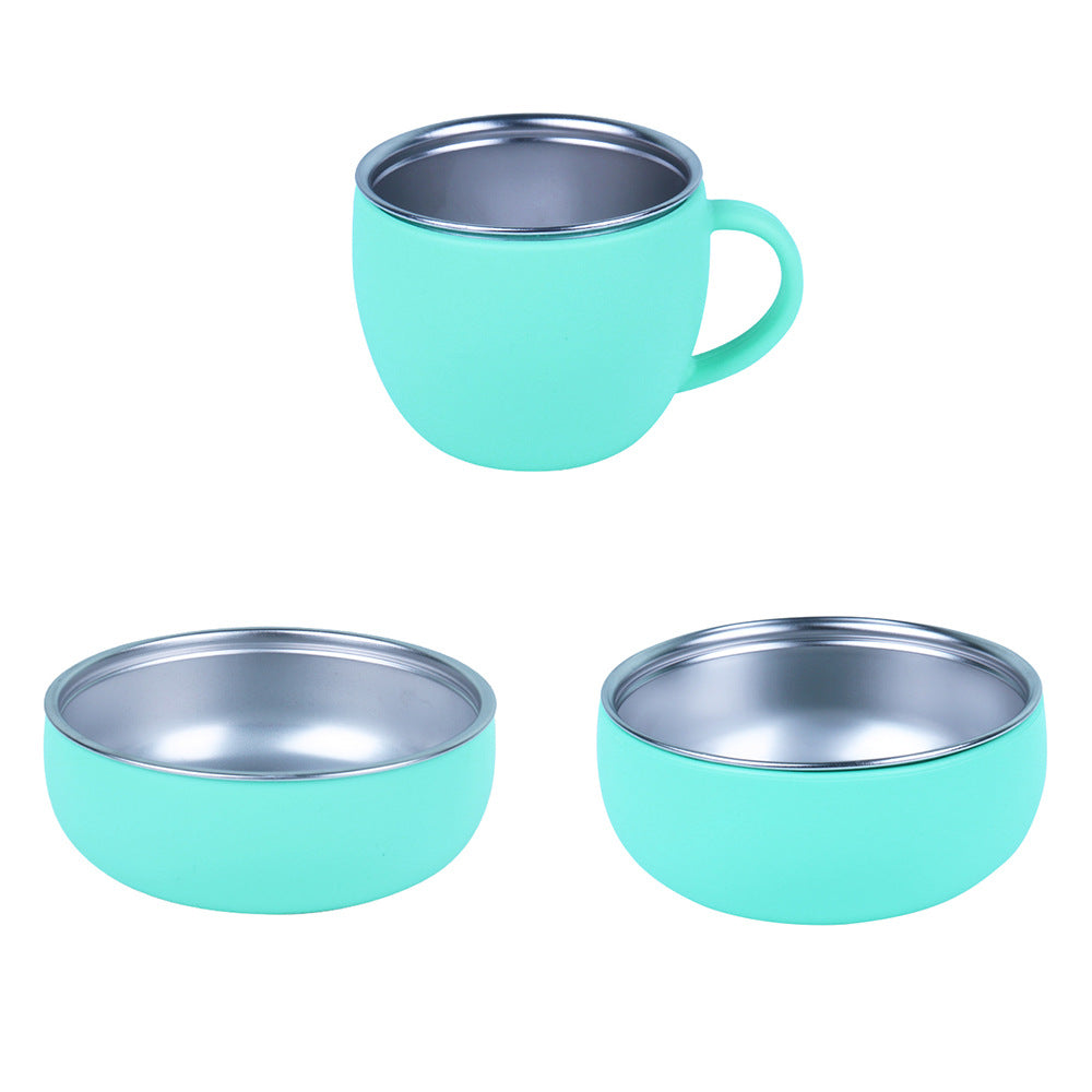 Children's stainless steel 304 silicone tableware set Baby feeding bib Wooden handle Fork spoon Plate bowl Cup 7-piece set